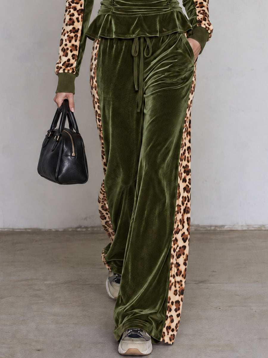 Retro Color-blocked Leopard Print Trim Green Velvet Ruffle Top And Pants Set - By Qivii