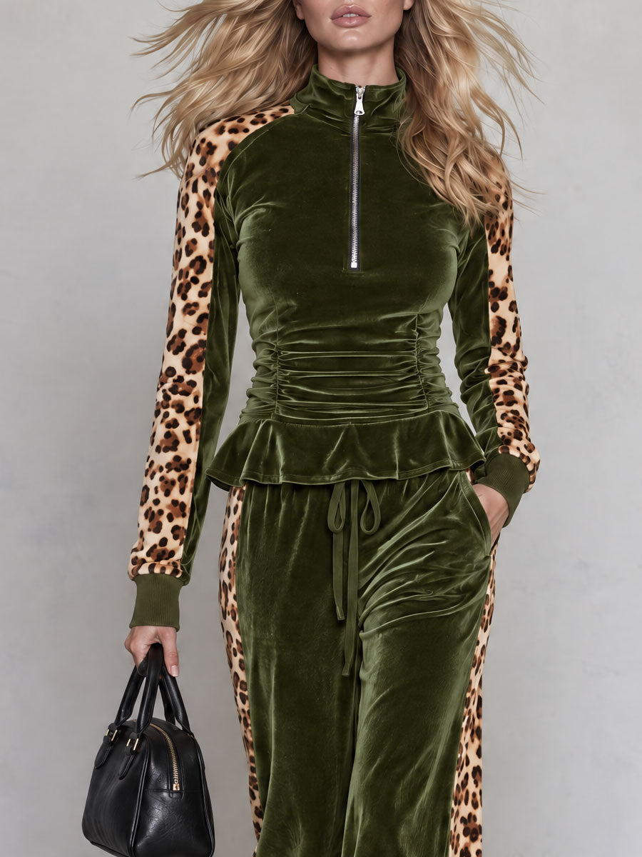 Retro Color-blocked Leopard Print Trim Green Velvet Ruffle Top And Pants Set - By Qivii