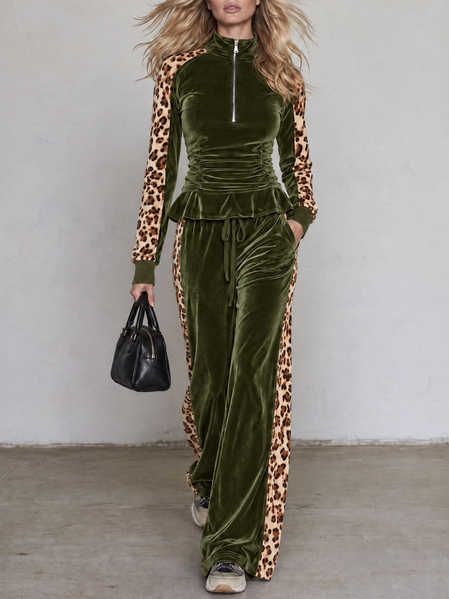 Retro Color-blocked Leopard Print Trim Green Velvet Ruffle Top And Pants Set - By Qivii