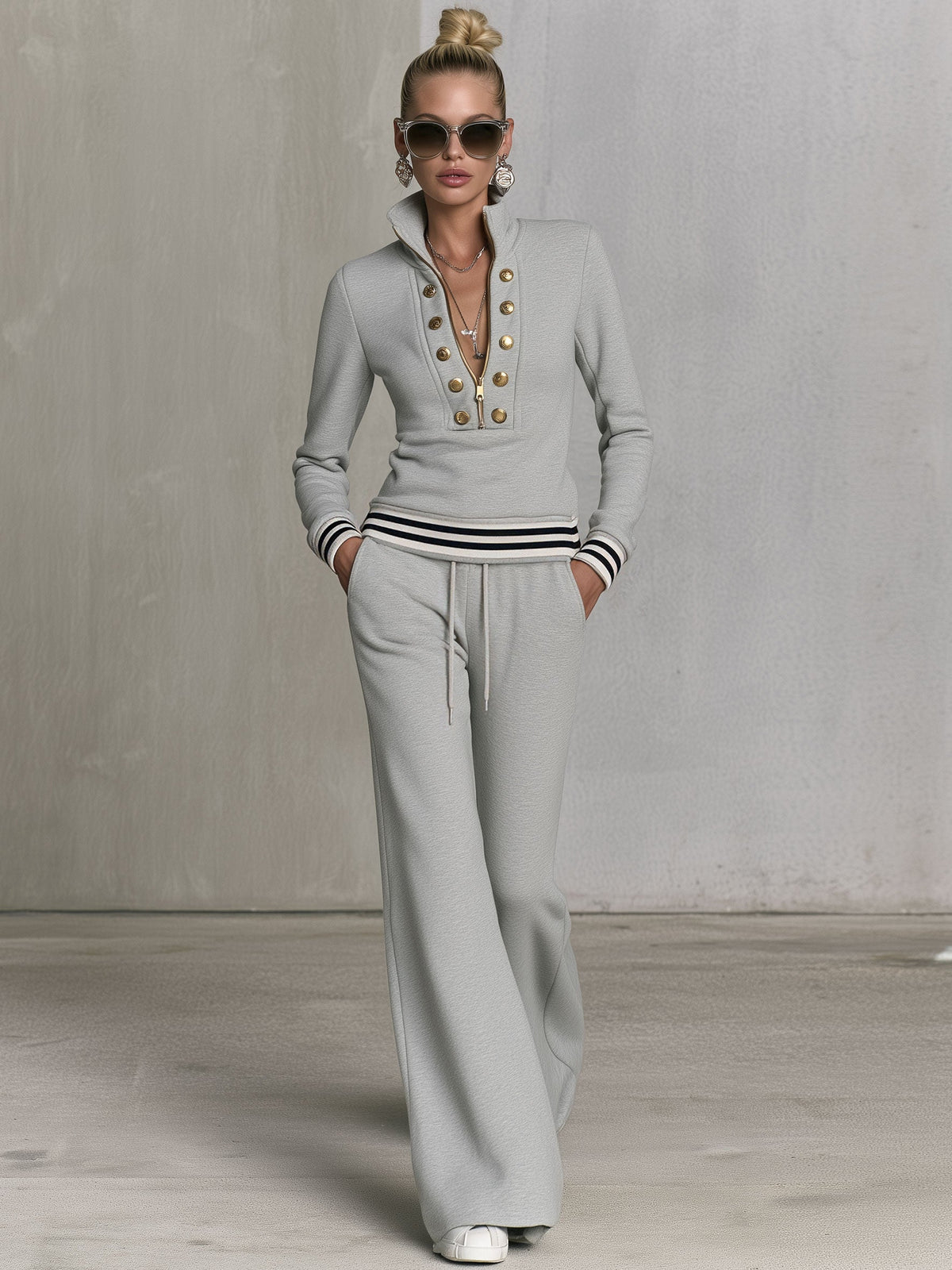 Grey sporty half-zip sweatshirt and wide-leg pants set for women by Oyrosy Clothing, featuring a casual, fashionable athletic style.