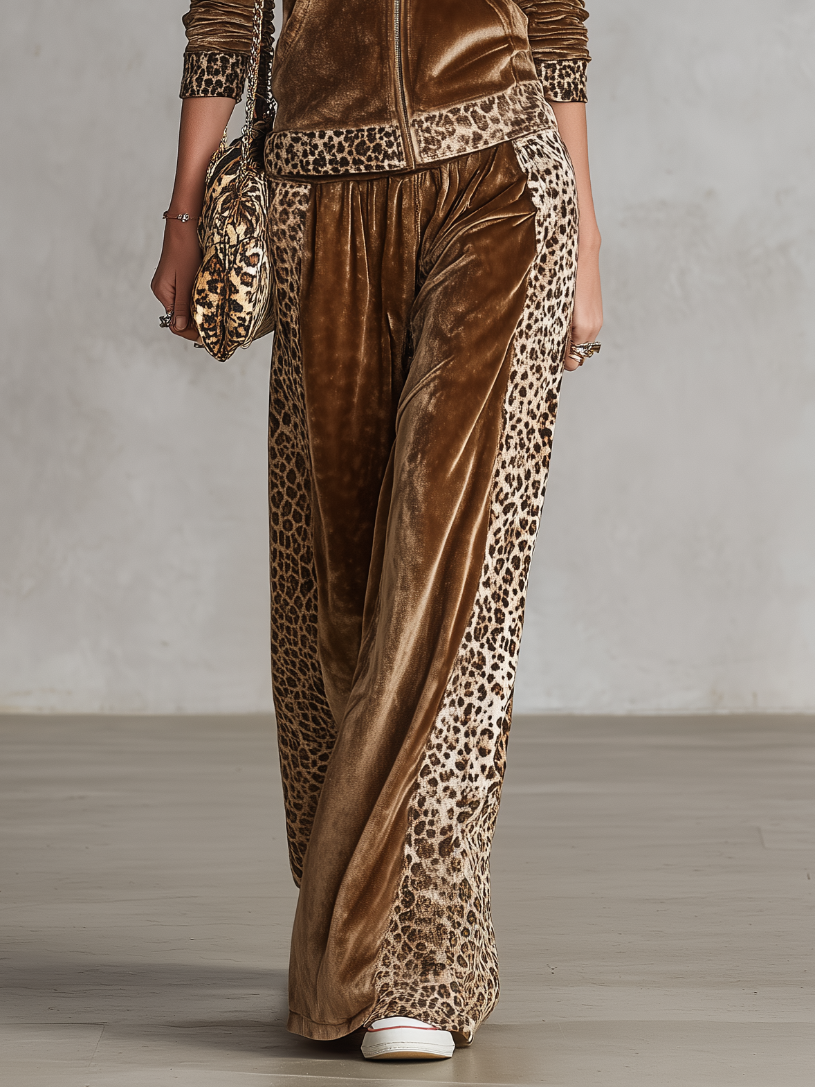Vintage Western Leopard Trim Velvet Hooded Jacket And Wide-Leg Pants Set - By Qivii