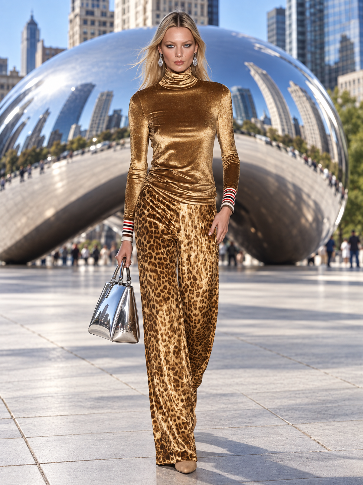 Vintage Glam Gold Velvet Turtleneck Top And Leopard-Print Wide-Leg Pants Set - By Qivii