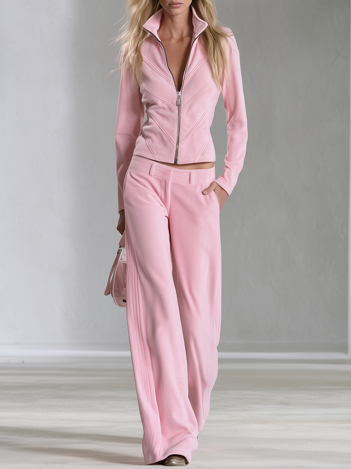 Retro Sporty Quilted Stitch Polar Fleece Zip Jacket And Pants Set - By Qivii