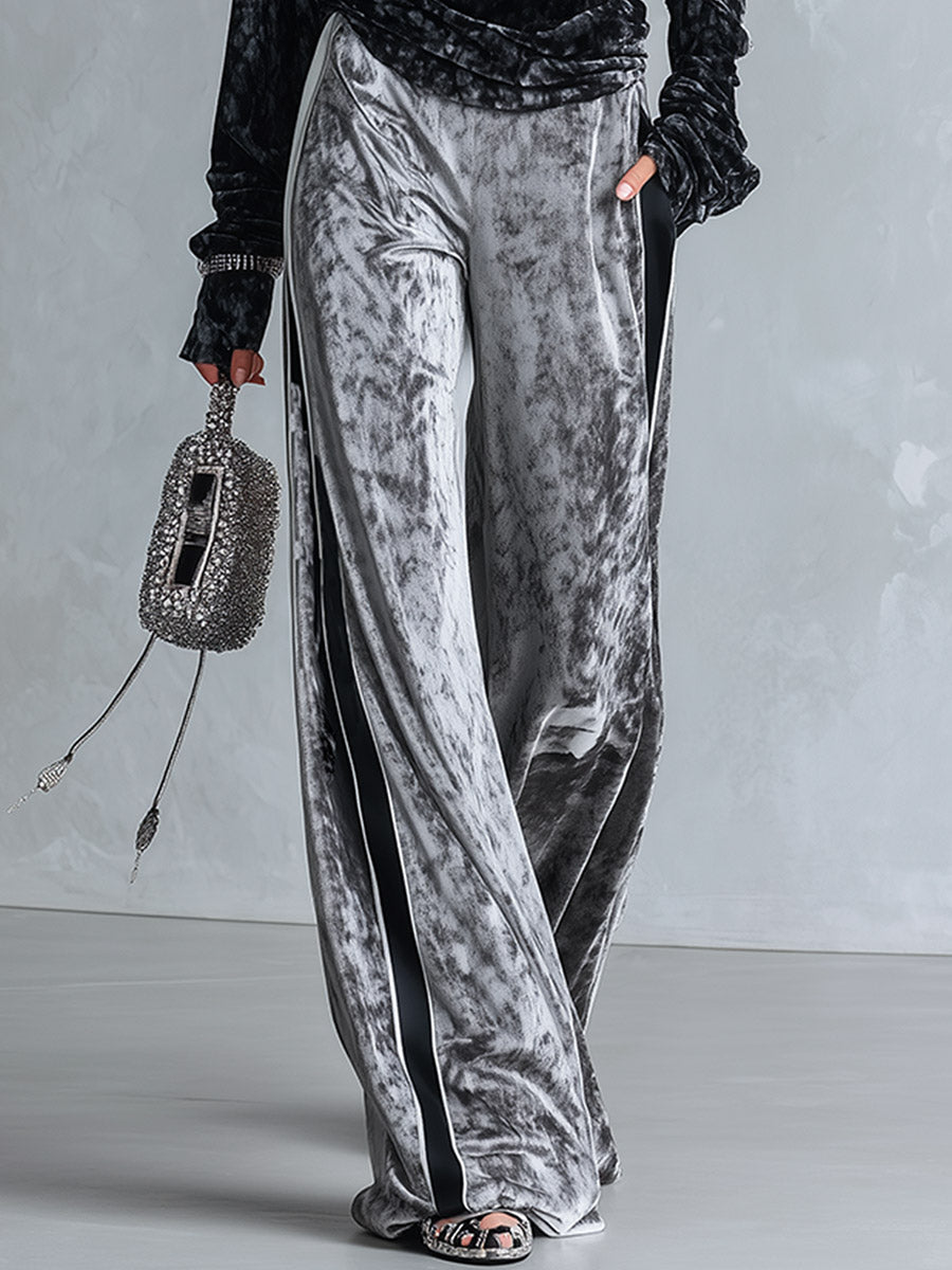 Black sequin star top and grey velvet wide-leg trousers set for women by Oyrosy Clothing, featuring stylish and comfortable fashion.