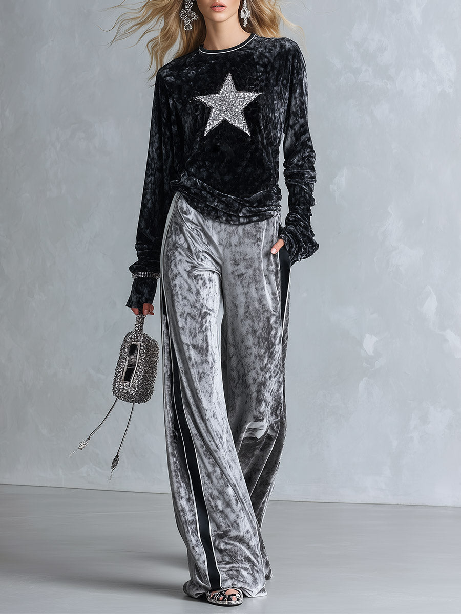 Black sequin star top and grey wide-leg velvet trousers set for women by Oyrosy Clothing, stylish and casual women's fashion.