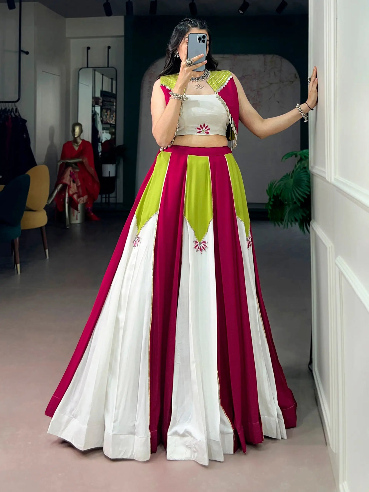 6 Meter Flair | Pink White Green Rayon Chaniya Choli With Mirror Work & Koti