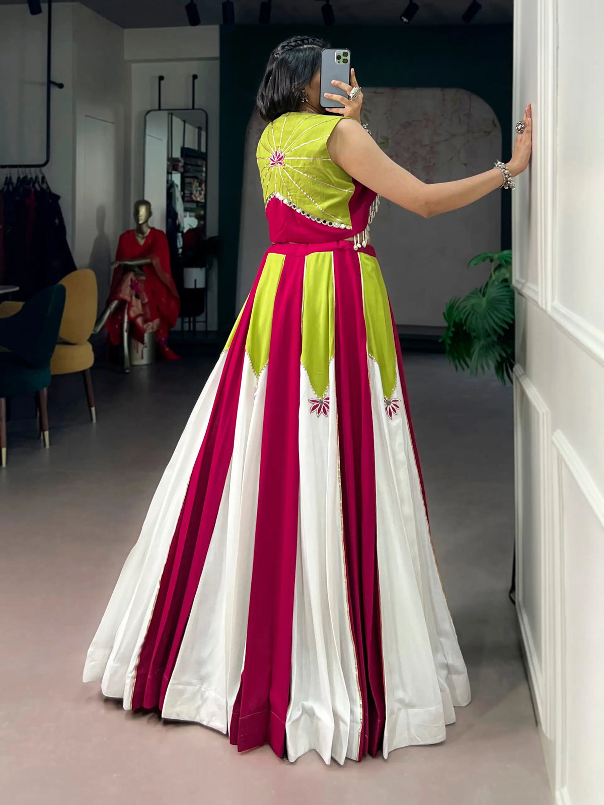 6 Meter Flair | Pink White Green Rayon Chaniya Choli With Mirror Work & Koti