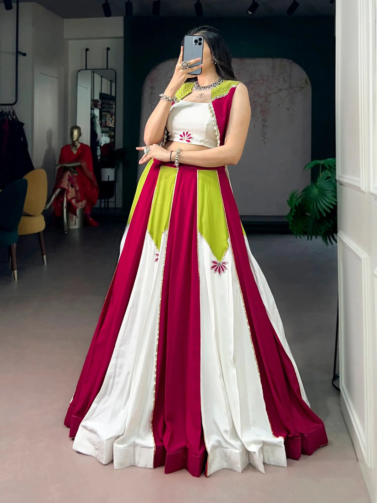 6 Meter Flair | Pink White Green Rayon Chaniya Choli With Mirror Work & Koti