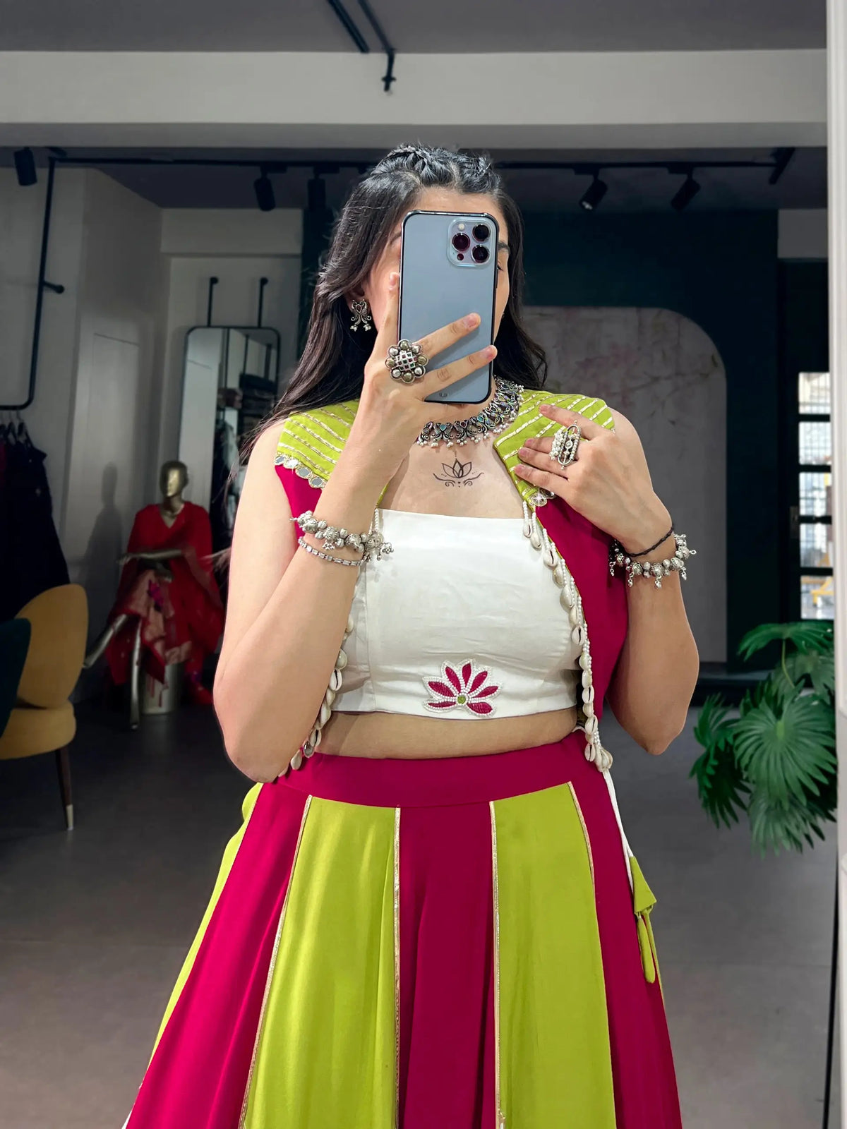 6 Meter Flair | Pink White Green Rayon Chaniya Choli With Mirror Work & Koti