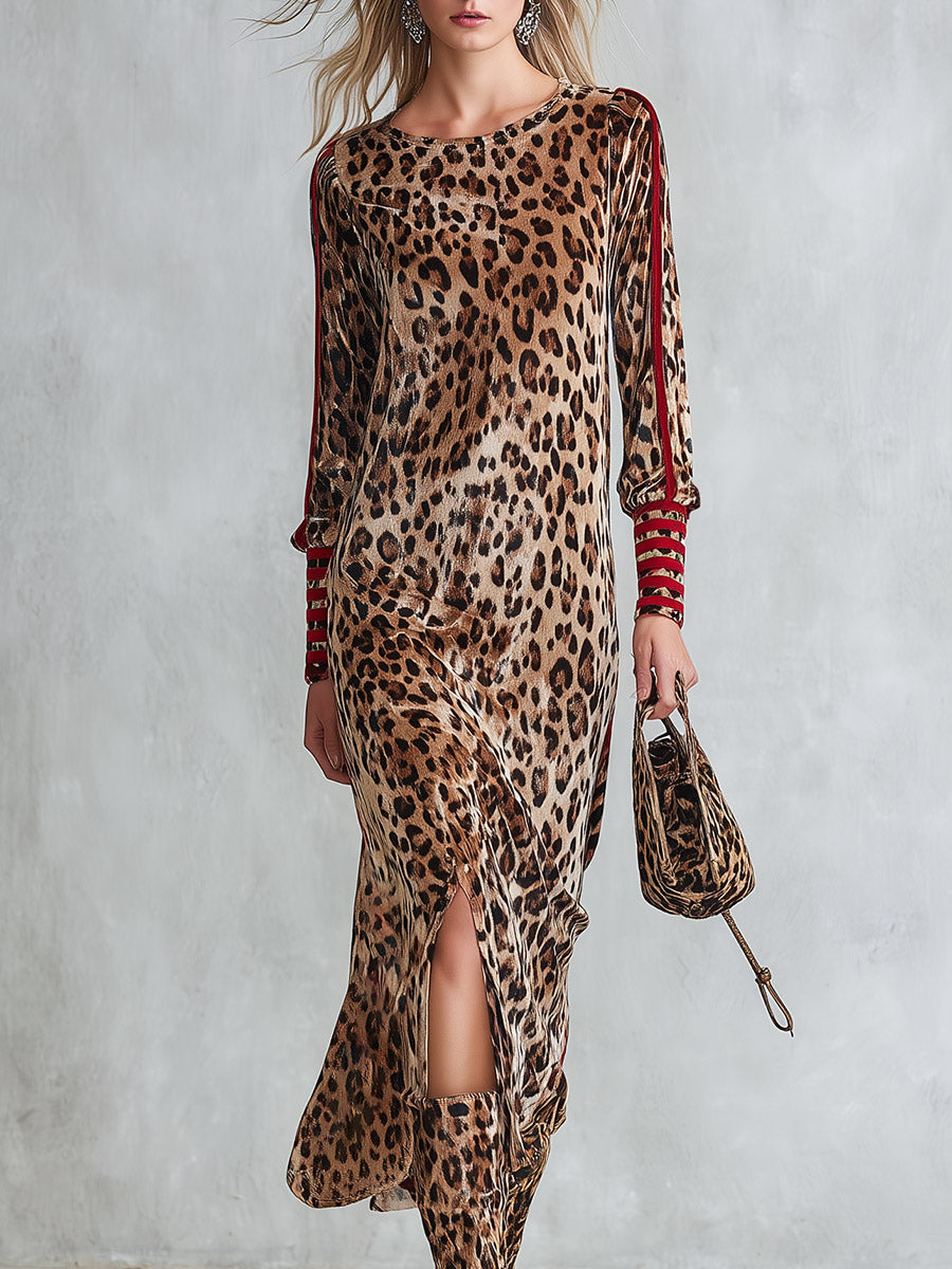 Retro Color-block Striped Leopard Print Slit Velvet Midi Dress - By Qivii