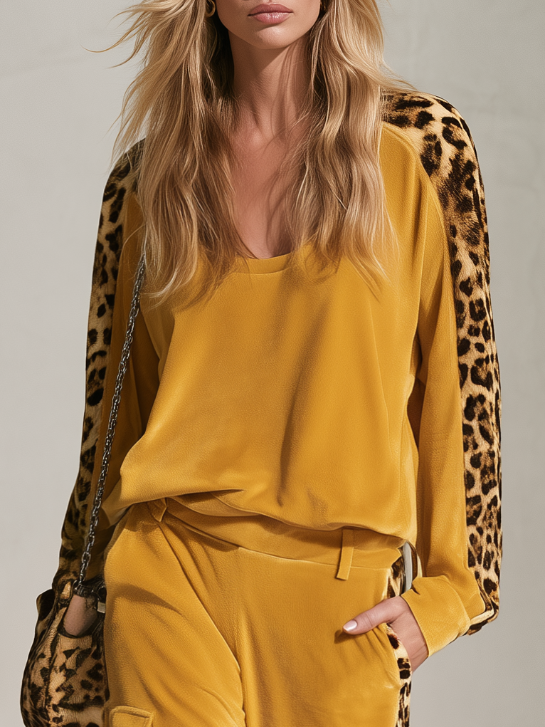 Retro Chic Yellow Leopard Print Velvet Top & Wide-Leg Pants Set - By Qivii