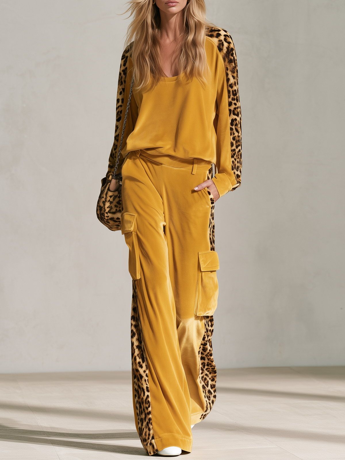 Retro Chic Yellow Leopard Print Velvet Top & Wide-Leg Pants Set - By Qivii