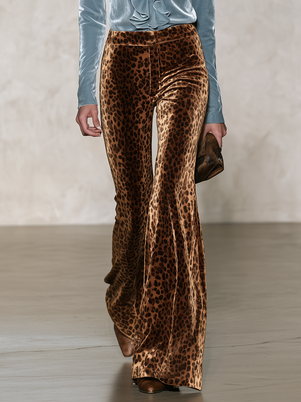 Retro Chic Blue Velvet Ruffle Top & Leopard Print Wide-Leg Pants Set - By Qivii