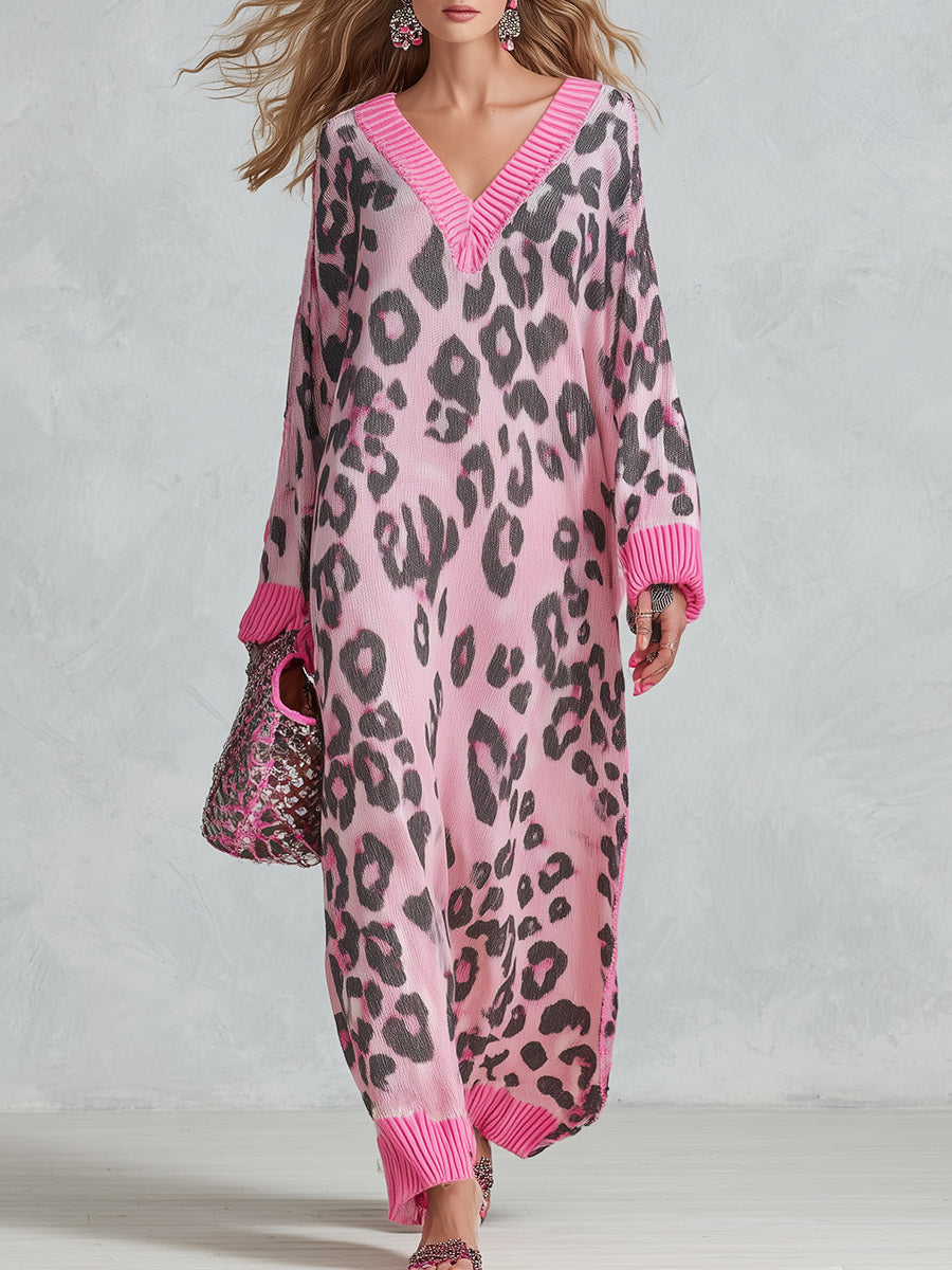 Stylish Loose-Fit Pink Leopard-Print V-Neck Knitted Maxi Dress - By Qivii