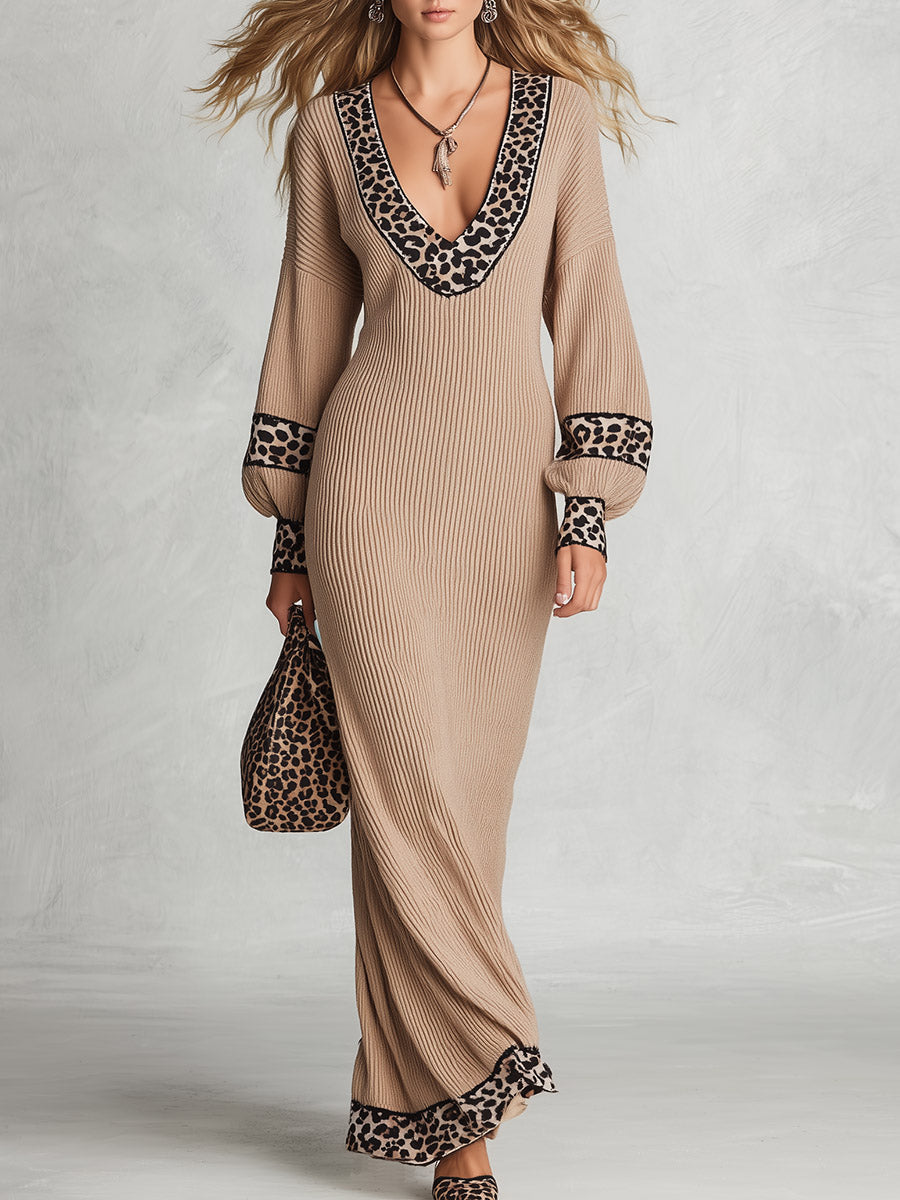 Vintage-Elegant Leopard-Trimmed Khaki Ribbed Knit Maxi Dress - By Qivii
