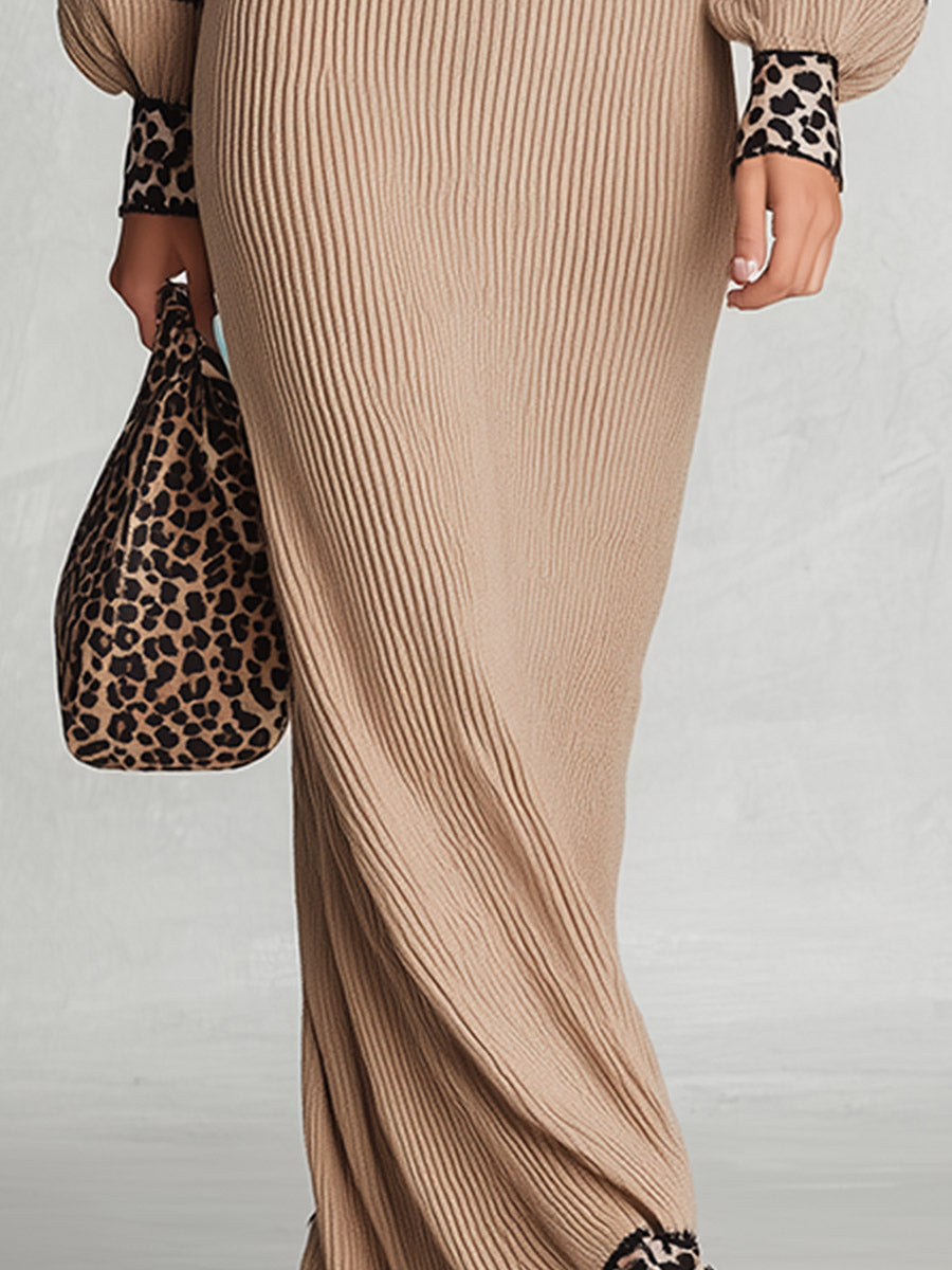 Vintage-Elegant Leopard-Trimmed Khaki Ribbed Knit Maxi Dress - By Qivii