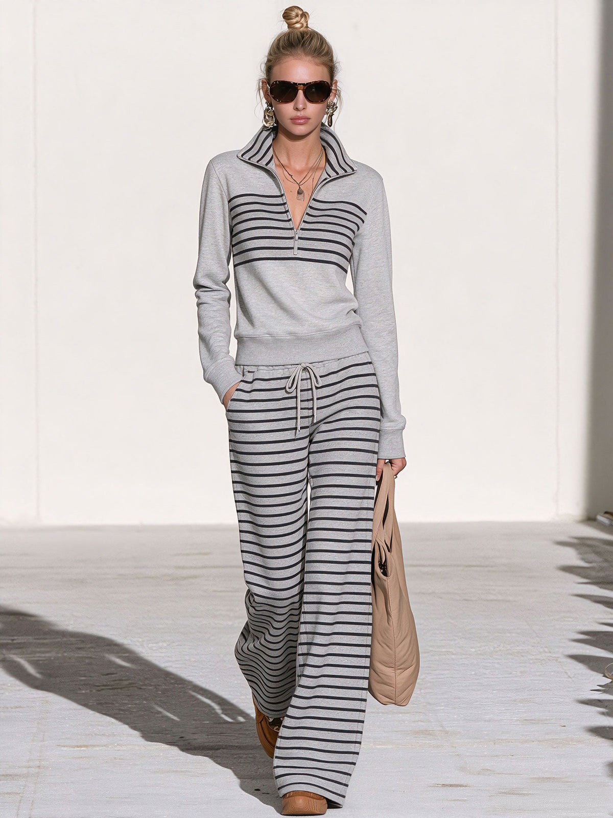 Casual Sporty Striped Light Gray Sweatshirt And Pants Set - By Qivii