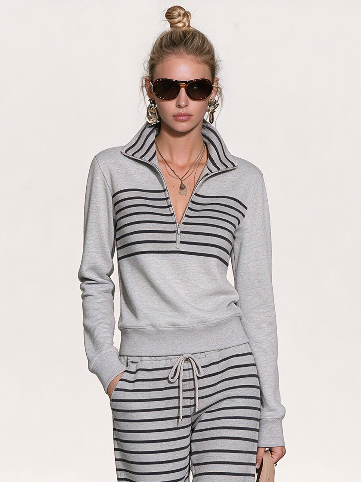 Casual Sporty Striped Light Gray Sweatshirt And Pants Set - By Qivii