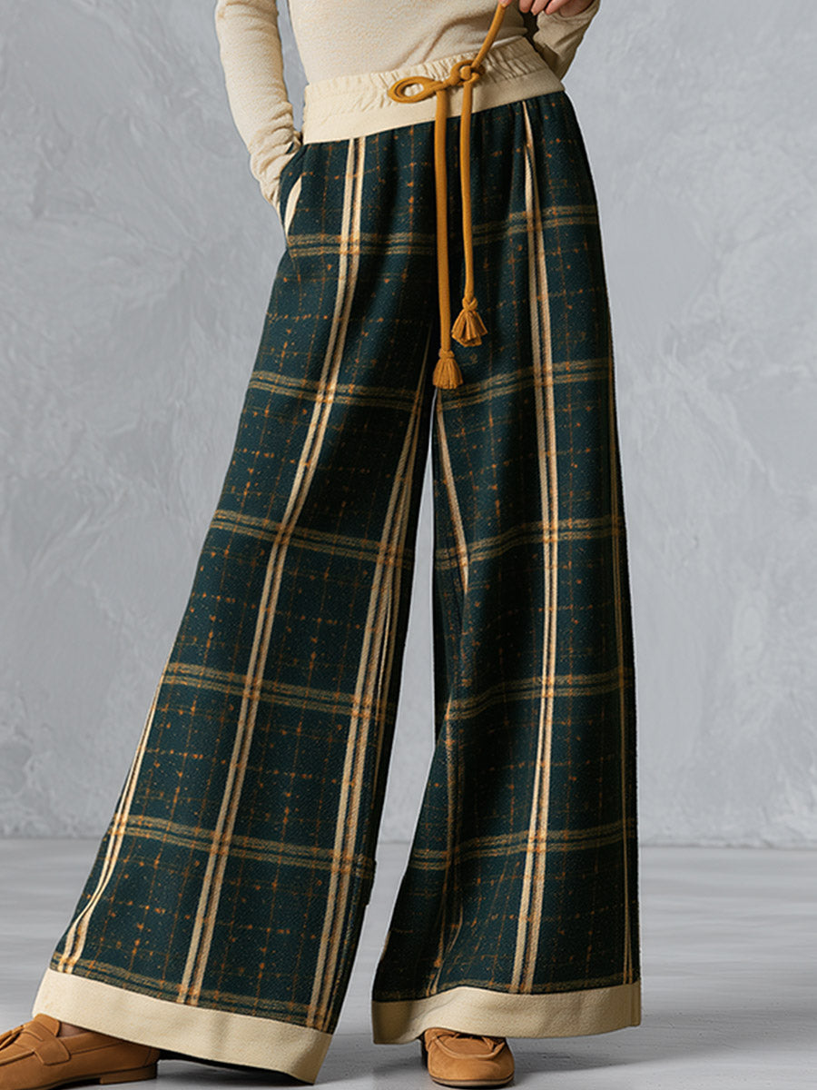 Retro beige long-sleeve T-shirt and green plaid wool-blend wide-leg trousers set by Oyrosy Clothing, women's casual fashion ensemble.