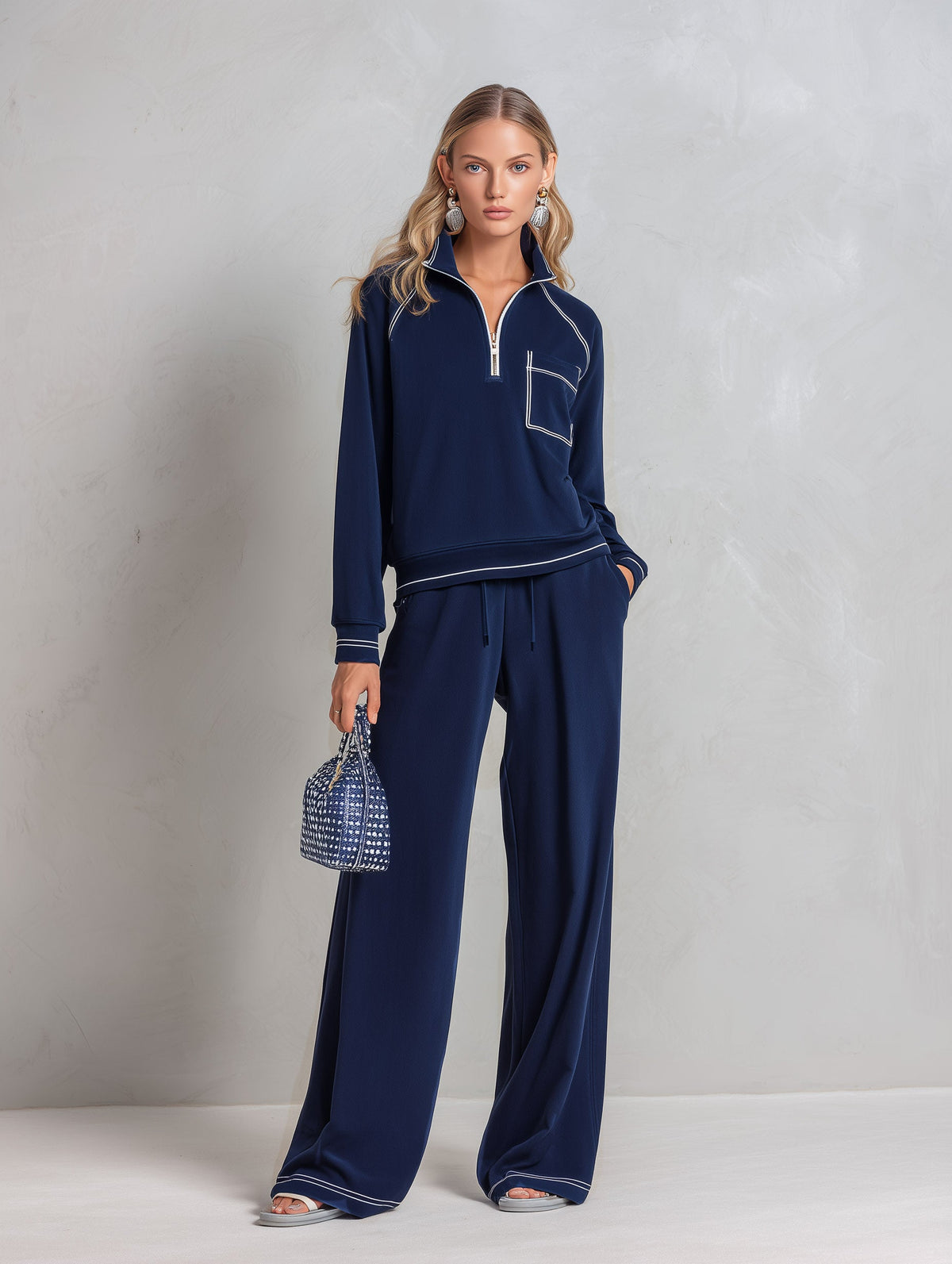 Classic Sporty Trimmed Deep Blue Cotton Sweatshirt And Wide-Leg Pants Set - By Qivii