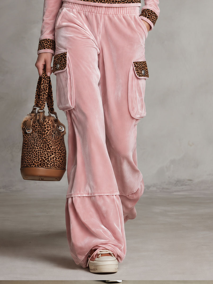 Retro Sporty Pink Velvet Leopard-Trim Hooded Half-Zip Top And Cargo Wide-Leg Pants Set - By Qivii
