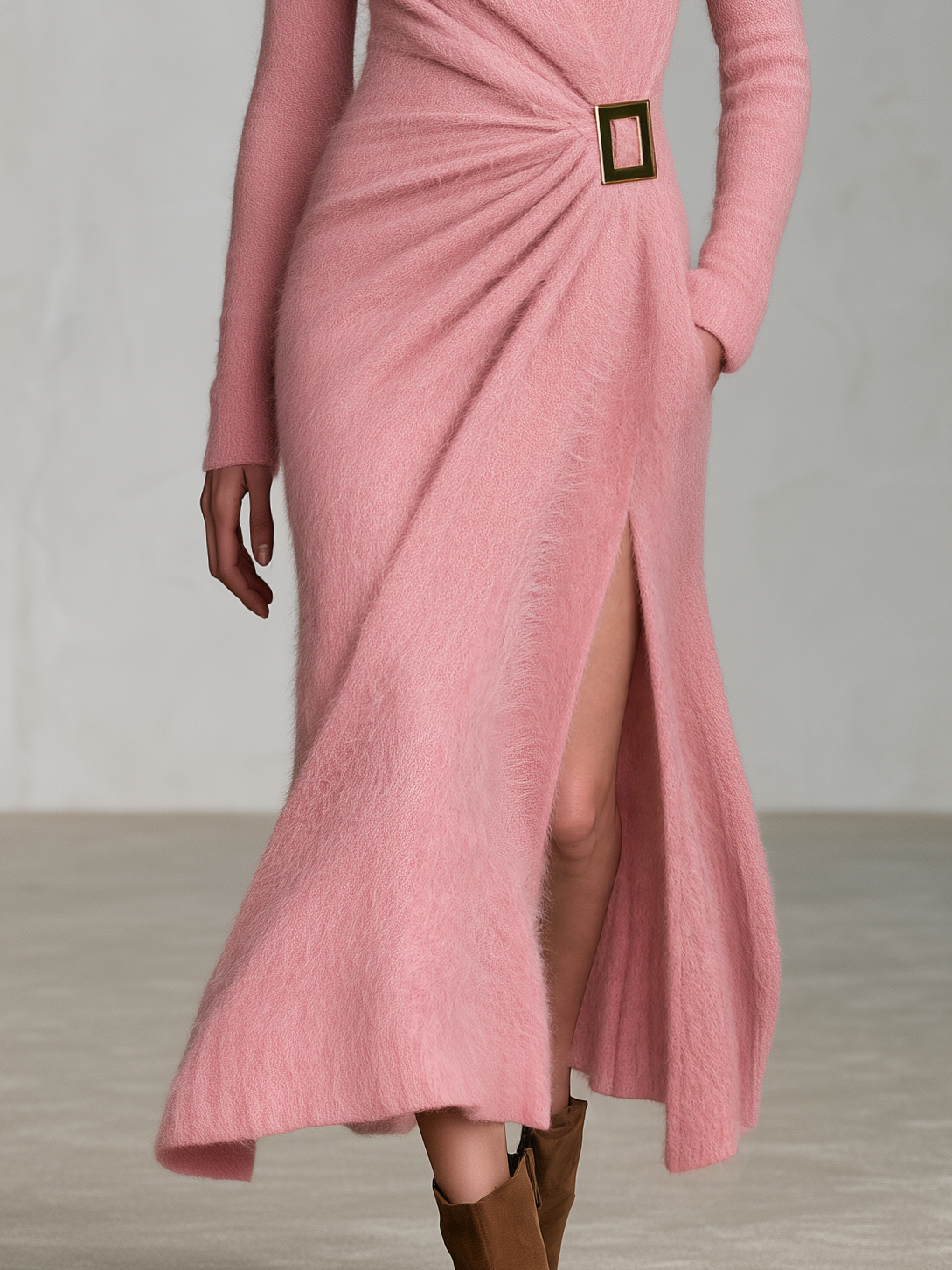 Retro Elegant Dusty Pink Mohair Wrap Gold Buckle Side Slit Midi Dress - By Qivii