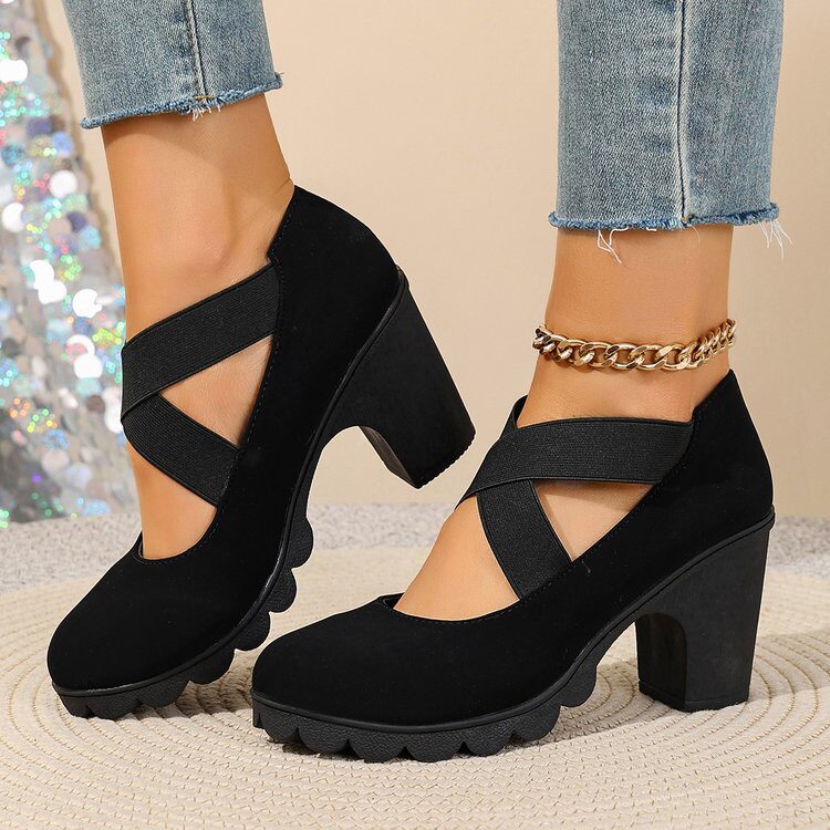 Women's Ainsley Mary Jane shoes by Bootara with round toe, cross-strap, chunky lug sole, and block heels in US sizes 4-10.5.