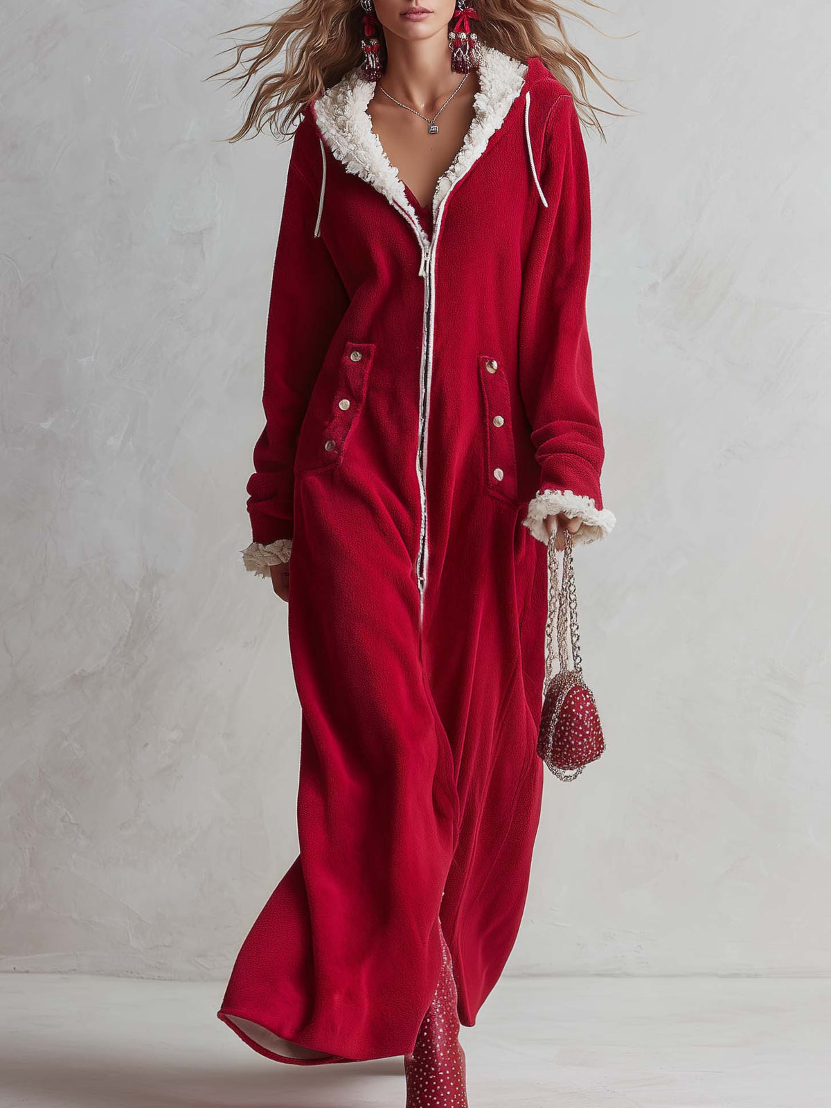 Cozy Retro Red Sherpa Trim Hooded Zip-Up Fleece Hoodie Maxi Dress - By Qivii