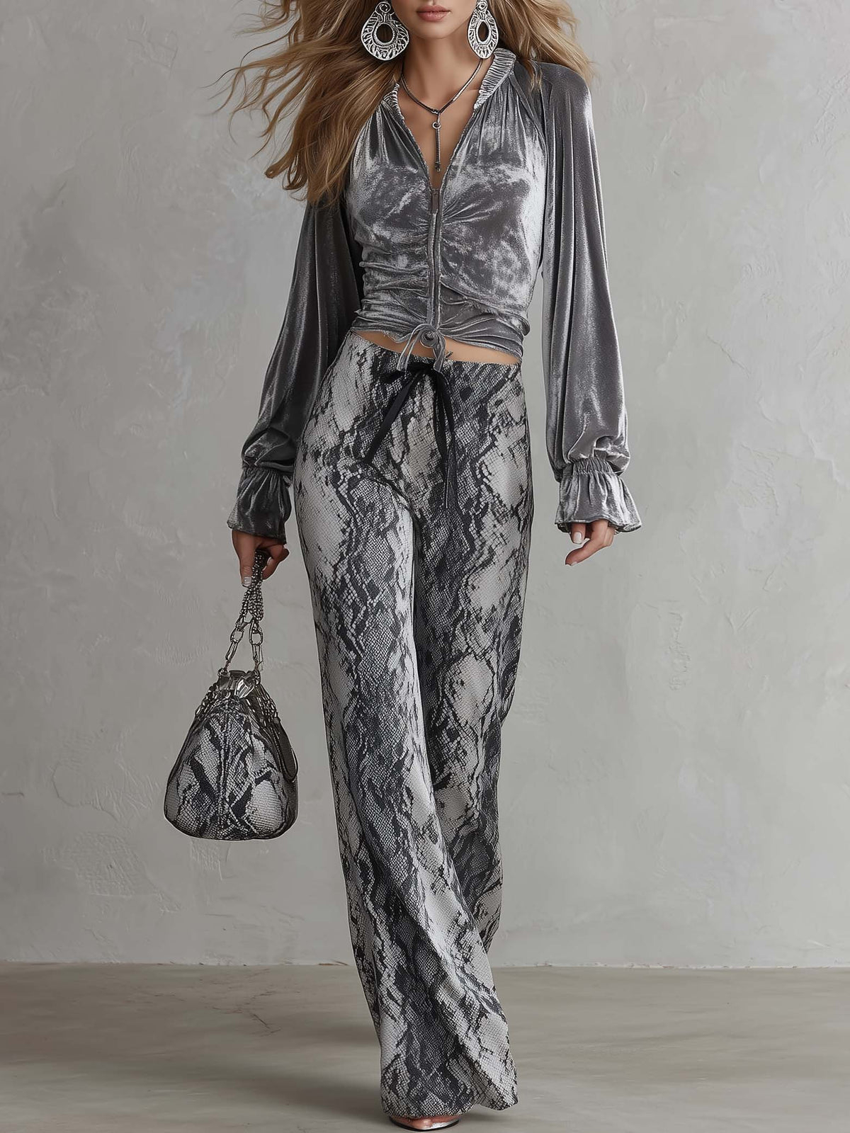 Vintage Glam Velvet Balloon Sleeve Top Snakeskin Wide Leg Two Piece Set - By Qivii