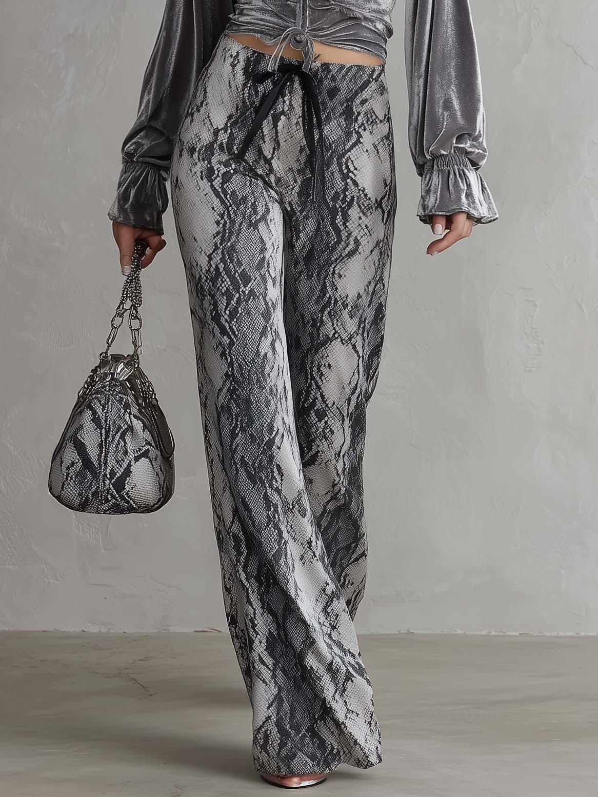 Vintage Glam Velvet Balloon Sleeve Top Snakeskin Wide Leg Two Piece Set - By Qivii