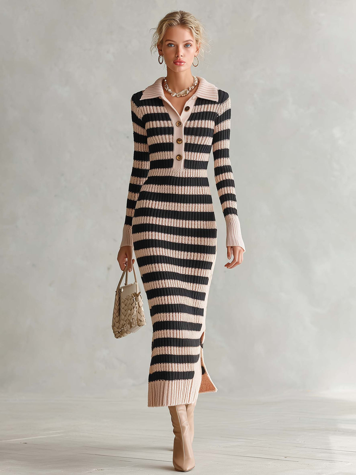 Preppy Striped Polo Collar Half-Button Ribbed Knit Long Sleeve Slit Sweater Midi Dress - By Qivii