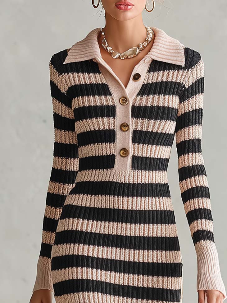 Preppy Striped Polo Collar Half-Button Ribbed Knit Long Sleeve Slit Sweater Midi Dress - By Qivii