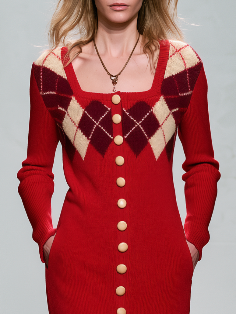 Vintage Elegant Red Plaid Wool Blend Knit Maxi Dress - By Qivii
