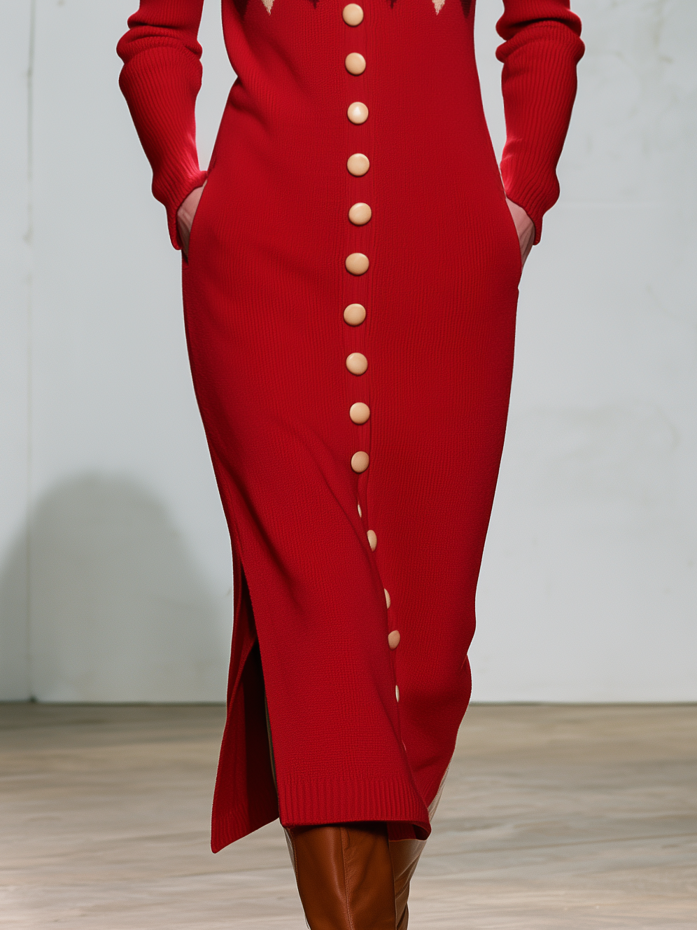 Vintage Elegant Red Plaid Wool Blend Knit Maxi Dress - By Qivii