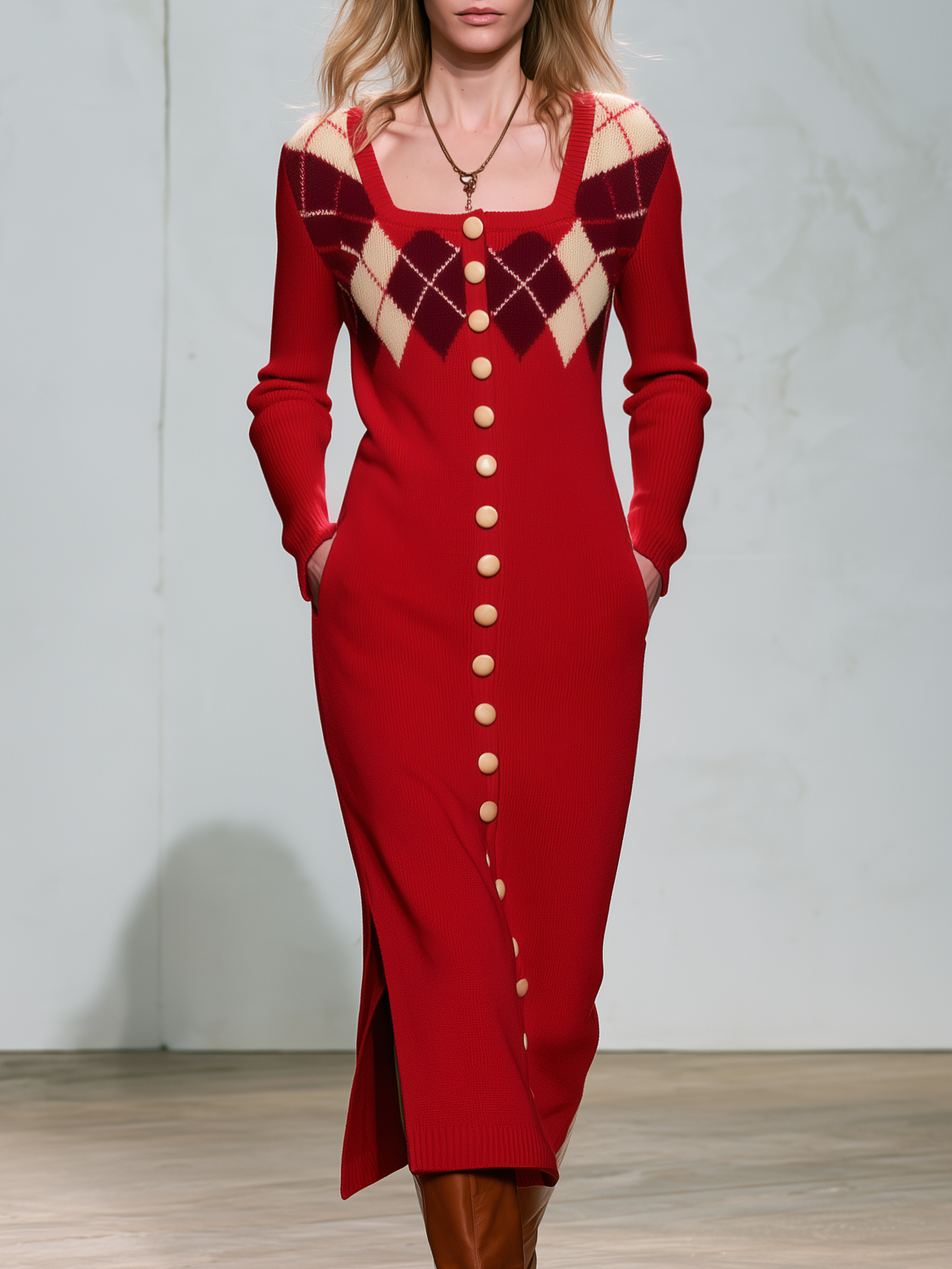 Vintage Elegant Red Plaid Wool Blend Knit Maxi Dress - By Qivii