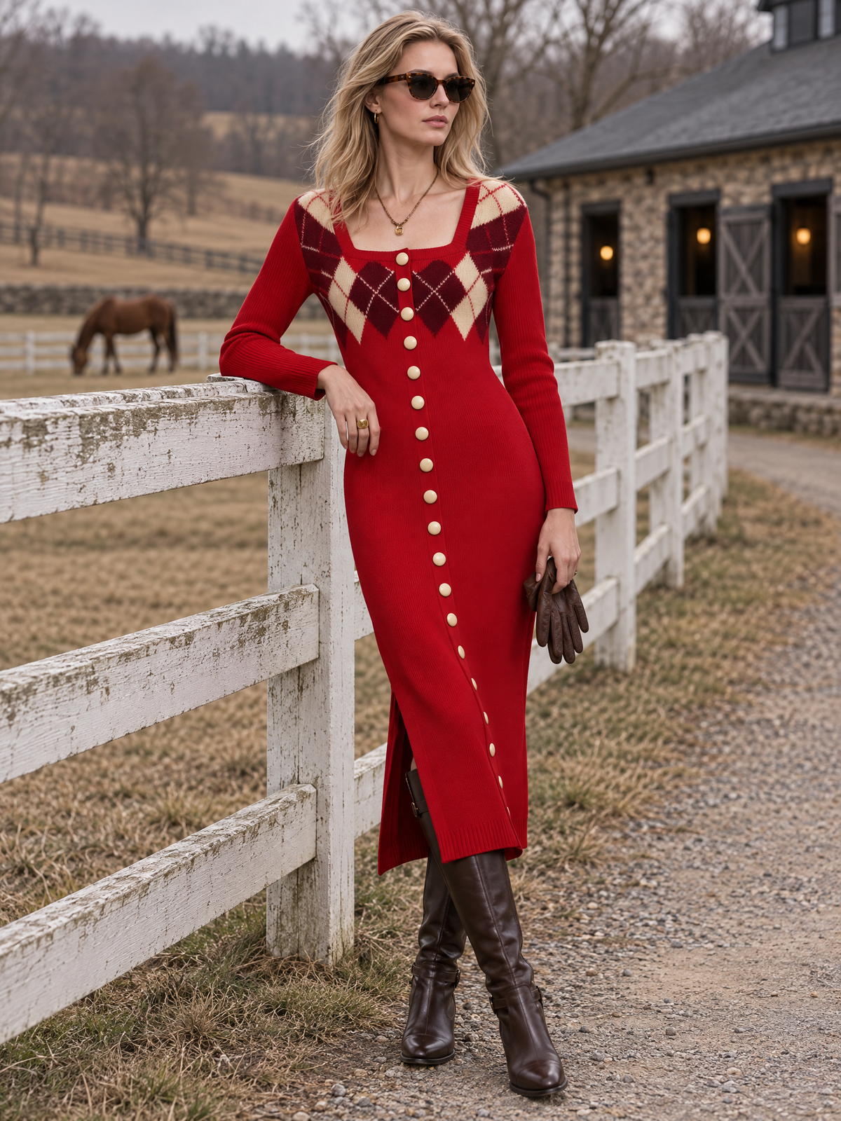 Vintage Elegant Red Plaid Wool Blend Knit Maxi Dress - By Qivii