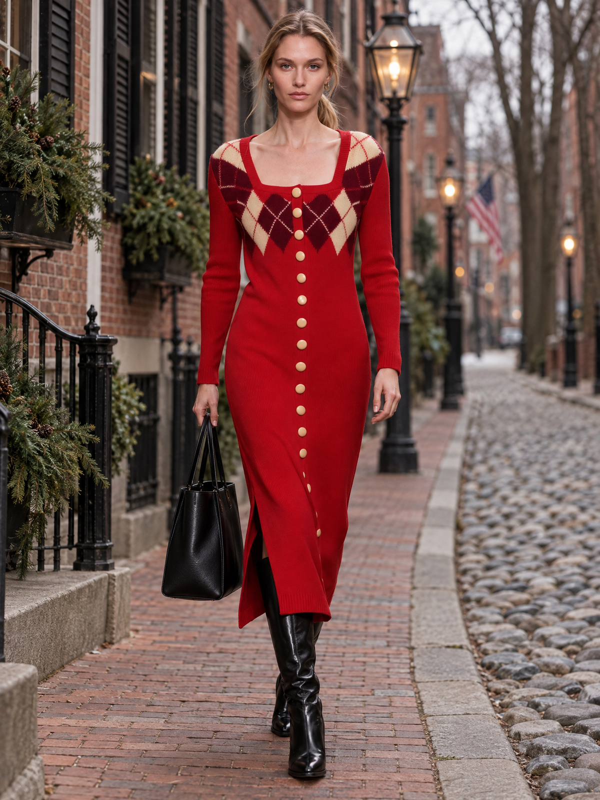 Vintage Elegant Red Plaid Wool Blend Knit Maxi Dress - By Qivii