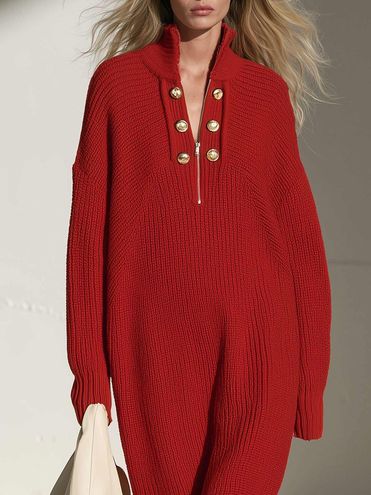 Fashionable Retro Gold Button Half-zip Red Knit Midi Dress - By Qivii