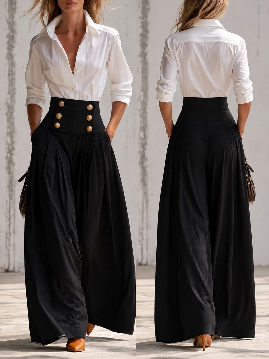 Women's Fashion White Long-Sleeved Shirt And Black High-Waisted Wide-Leg Pants Set - By Qivii
