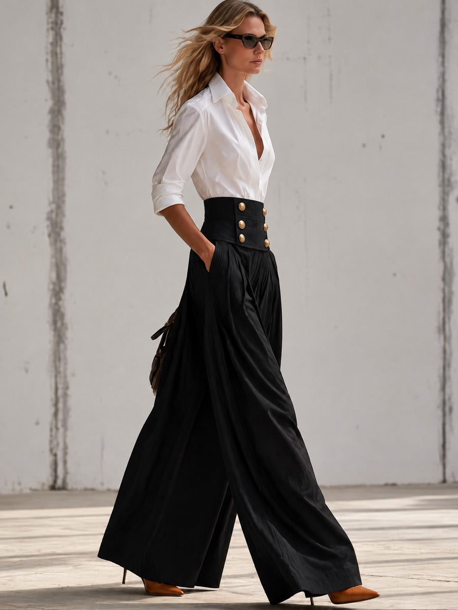 Women's Fashion White Long-Sleeved Shirt And Black High-Waisted Wide-Leg Pants Set - By Qivii