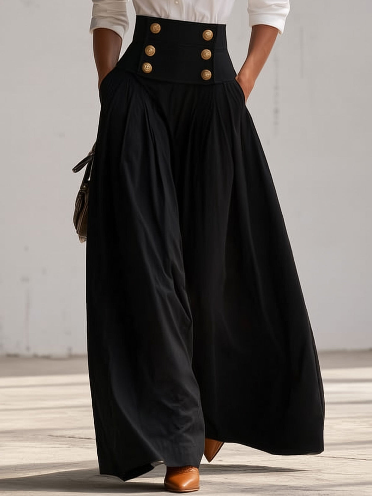 Women's Fashion White Long-Sleeved Shirt And Black High-Waisted Wide-Leg Pants Set - By Qivii