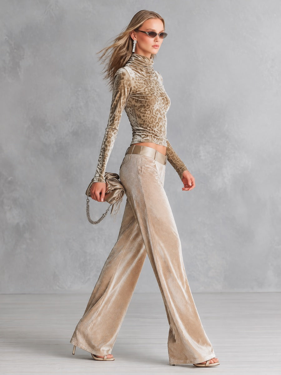 Women's Leopard Print Velvet Turtleneck Top & Champagne Metallic Wide-Leg Pants Two-Piece Set - By Qivii