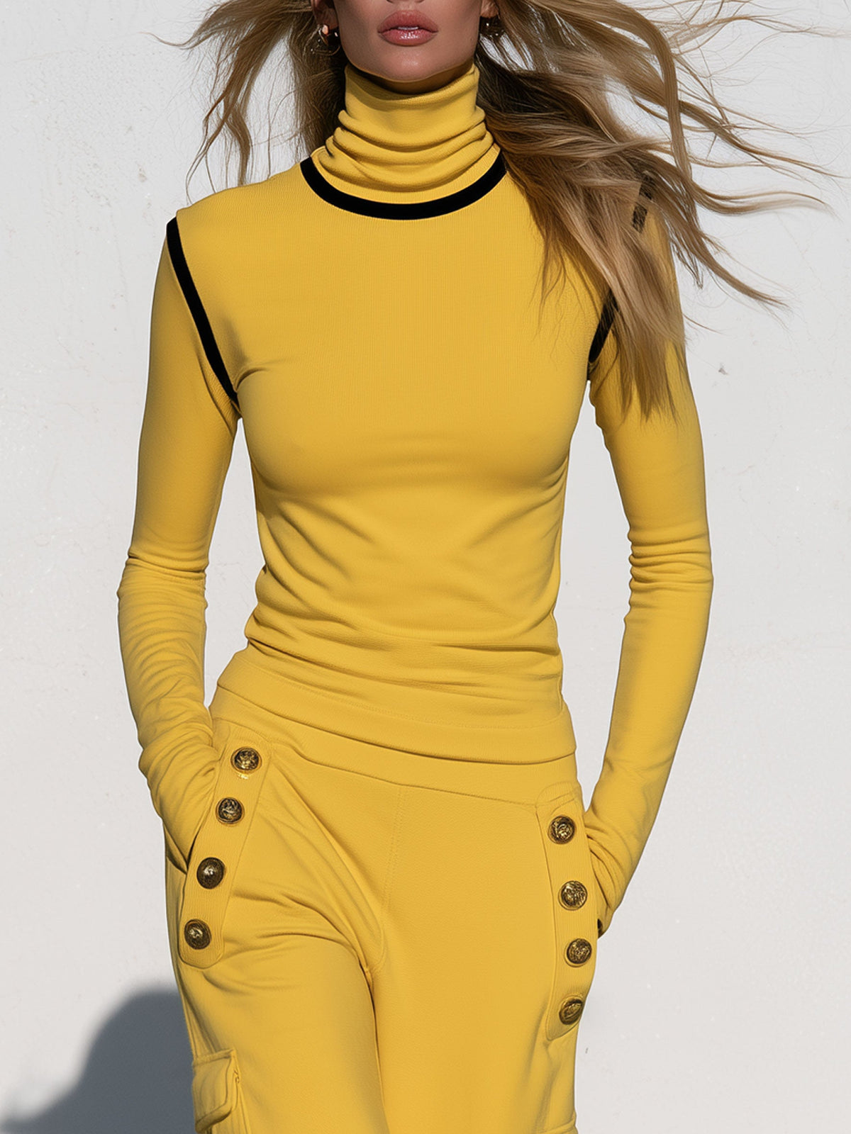 Women’s yellow turtleneck long-sleeve top and black trimmed cargo pants set by Oyrosy Clothing, casual stylish women's outfit.