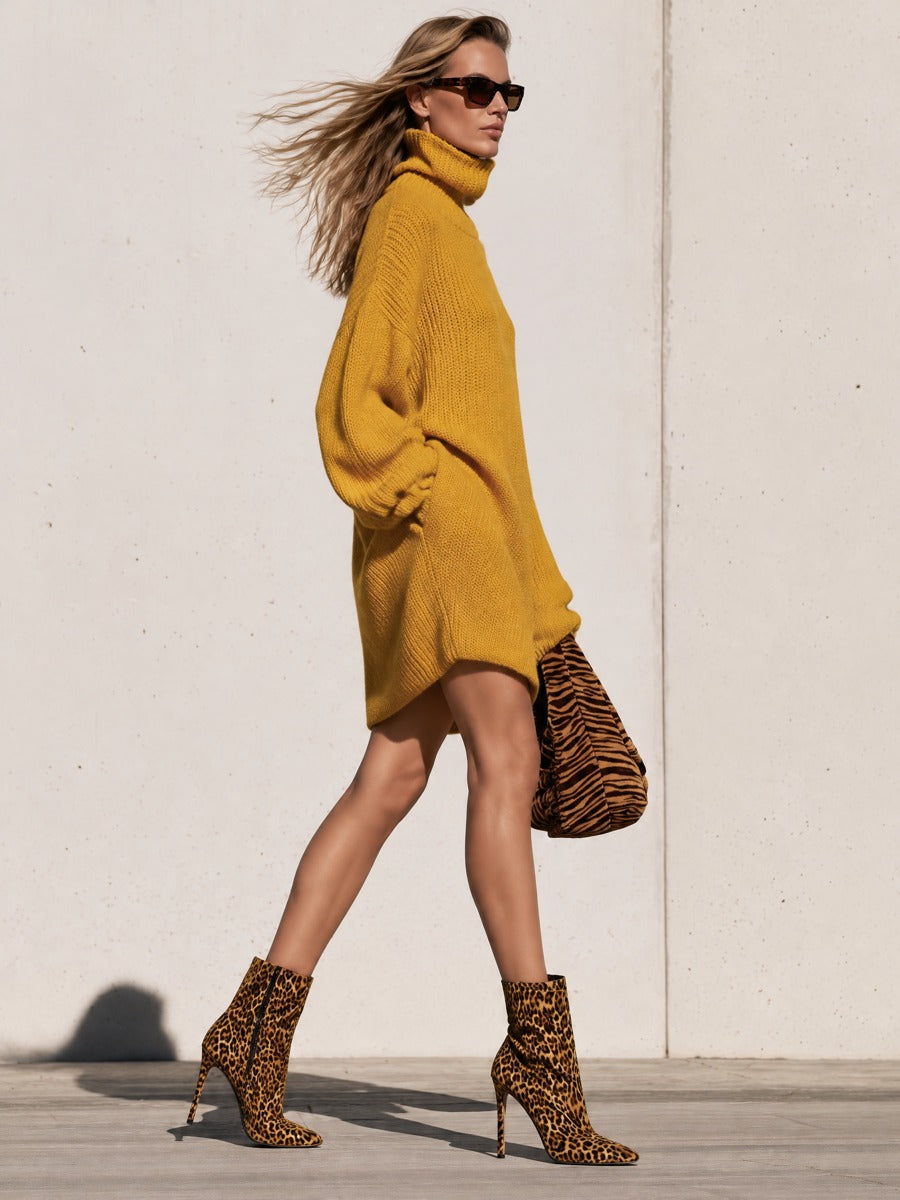 Oversized Turtleneck Mustard Yellow Knitted Long-sleeved Mini Dress - By Qivii