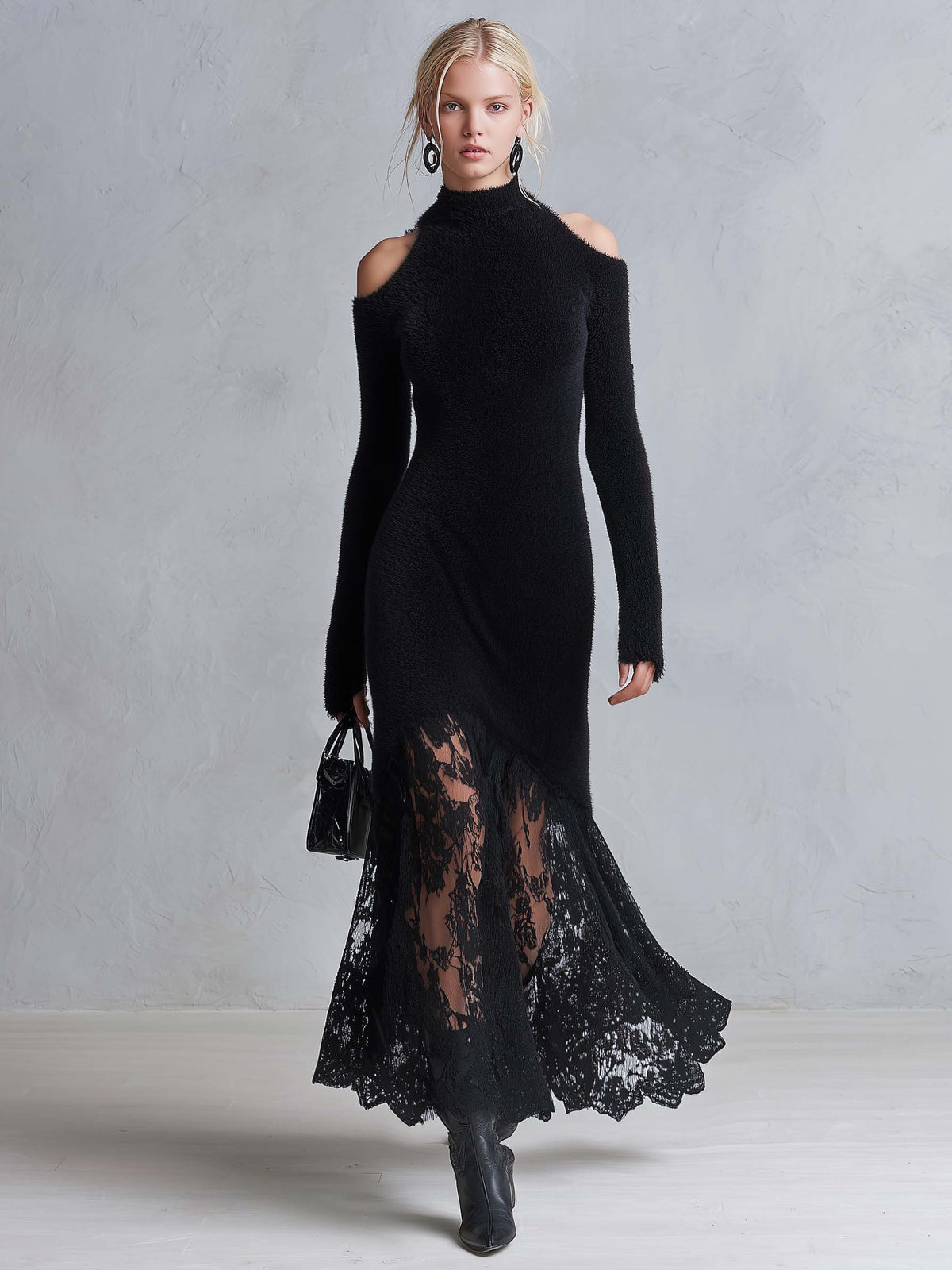 Vintage Romantic Black Fuzzy Knit Long Sleeve Sheer Lace Hem Bodycon Maxi Dress - By Qivii