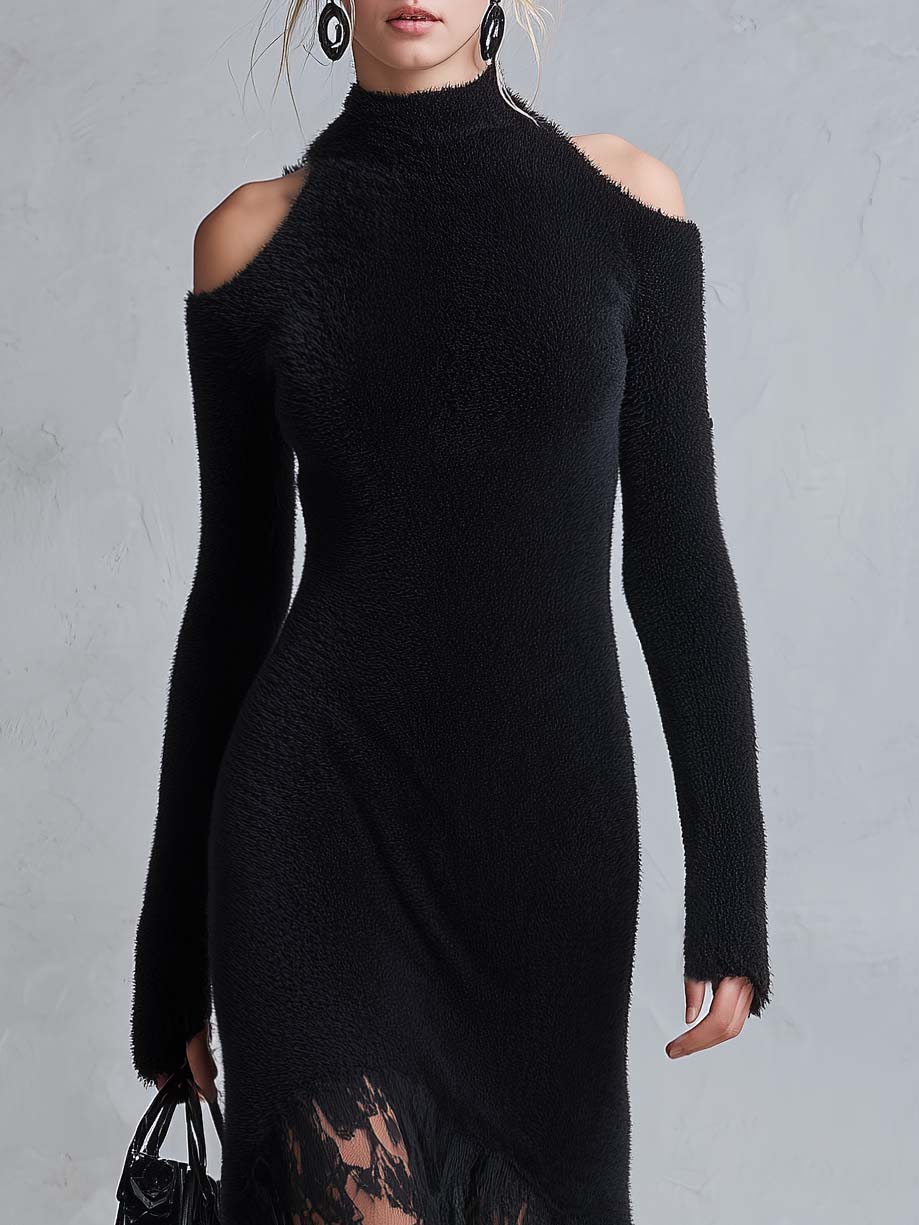 Vintage Romantic Black Fuzzy Knit Long Sleeve Sheer Lace Hem Bodycon Maxi Dress - By Qivii