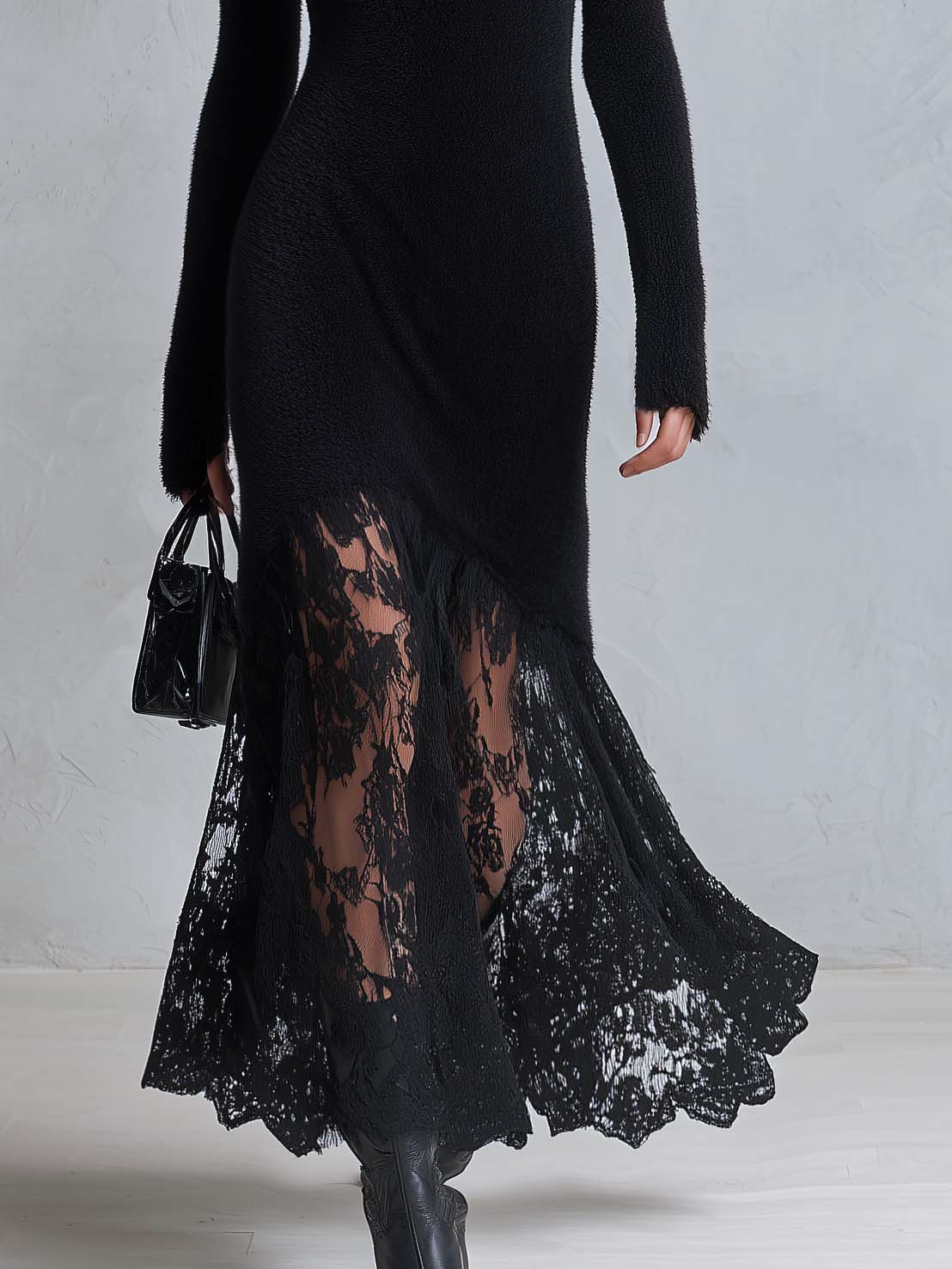 Vintage Romantic Black Fuzzy Knit Long Sleeve Sheer Lace Hem Bodycon Maxi Dress - By Qivii