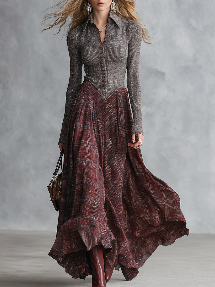 Retro Ribbed Knit Bodice Plaid Collared Maxi Dress - By Qivii