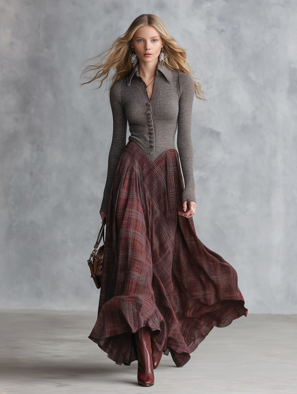 Retro Ribbed Knit Bodice Plaid Collared Maxi Dress - By Qivii