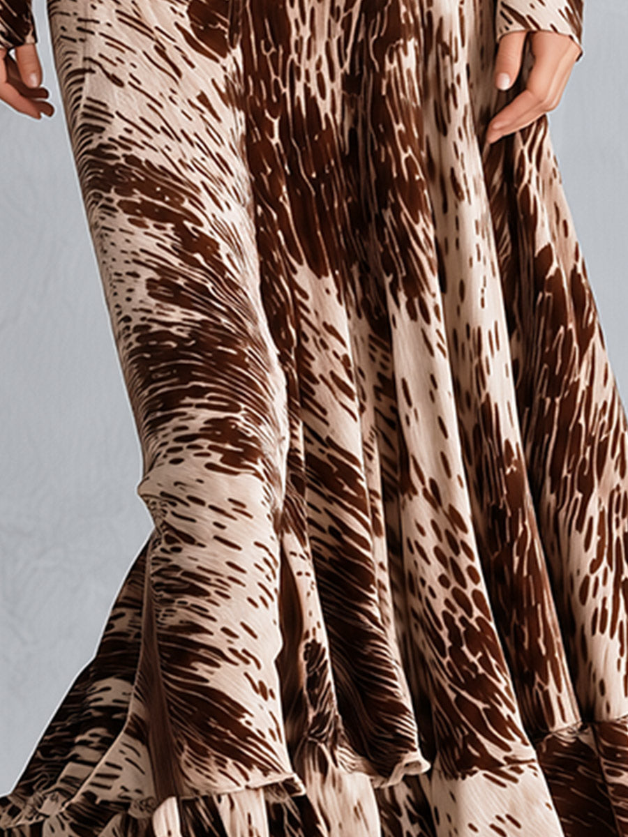 Women's Vintage Beige Animal Print Pleated Ruffle Maxi Dress - By Qivii